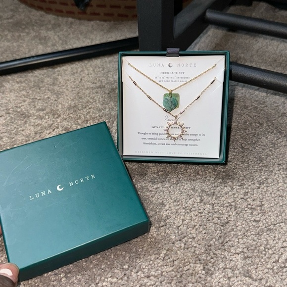Luna Norte Jewelry - Luna Norte 14KT Gold Plated Brass Emerald Necklace Set